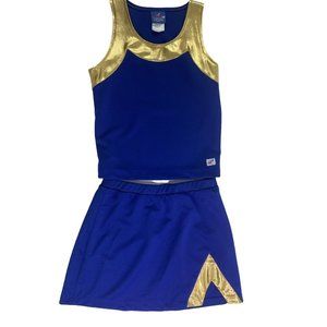 New Adult Cheerleader Uniform Outfit Metallic Gold Royal Blue 36" Top 28" Skirt